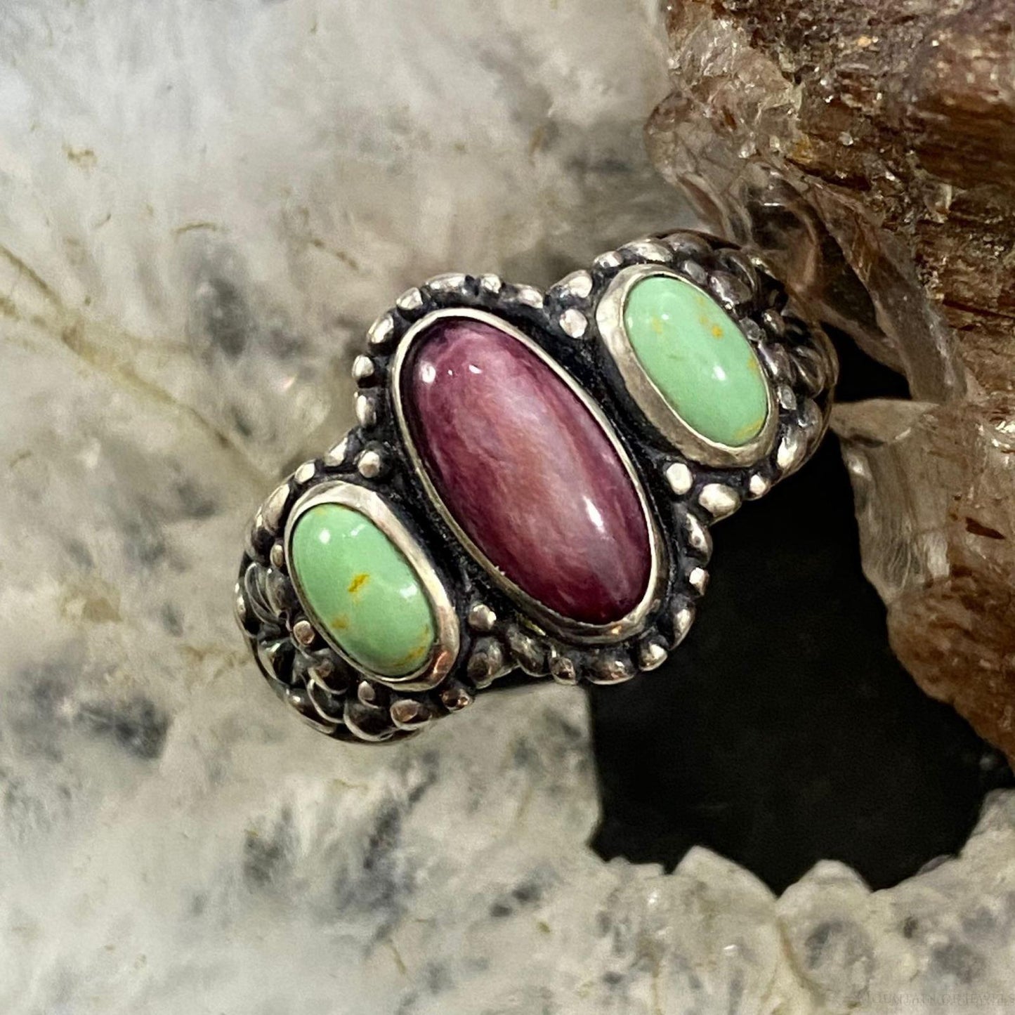 Carolyn Pollack Southwestern Style Sterling Silver Purple Spiny Oyster & Green Turquoise Ring For Women