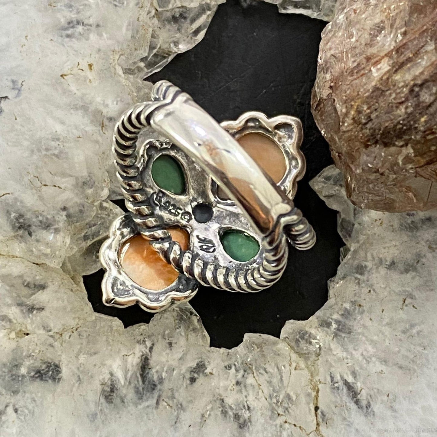 Carolyn Pollack Southwestern Style Sterling Silver Orange Spiny Oyster & Gaspeite Cross Ring For Women