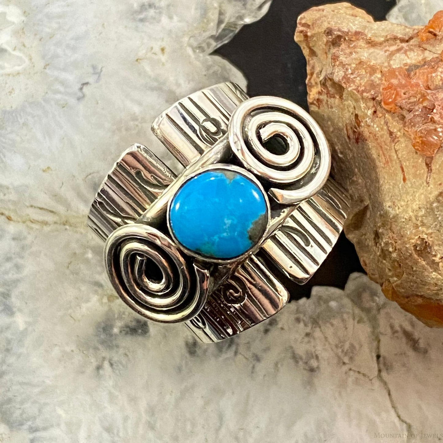 Alex Sanchez Sterling Silver Turquoise Petroglyph Band Ring Size 8.75 For Women