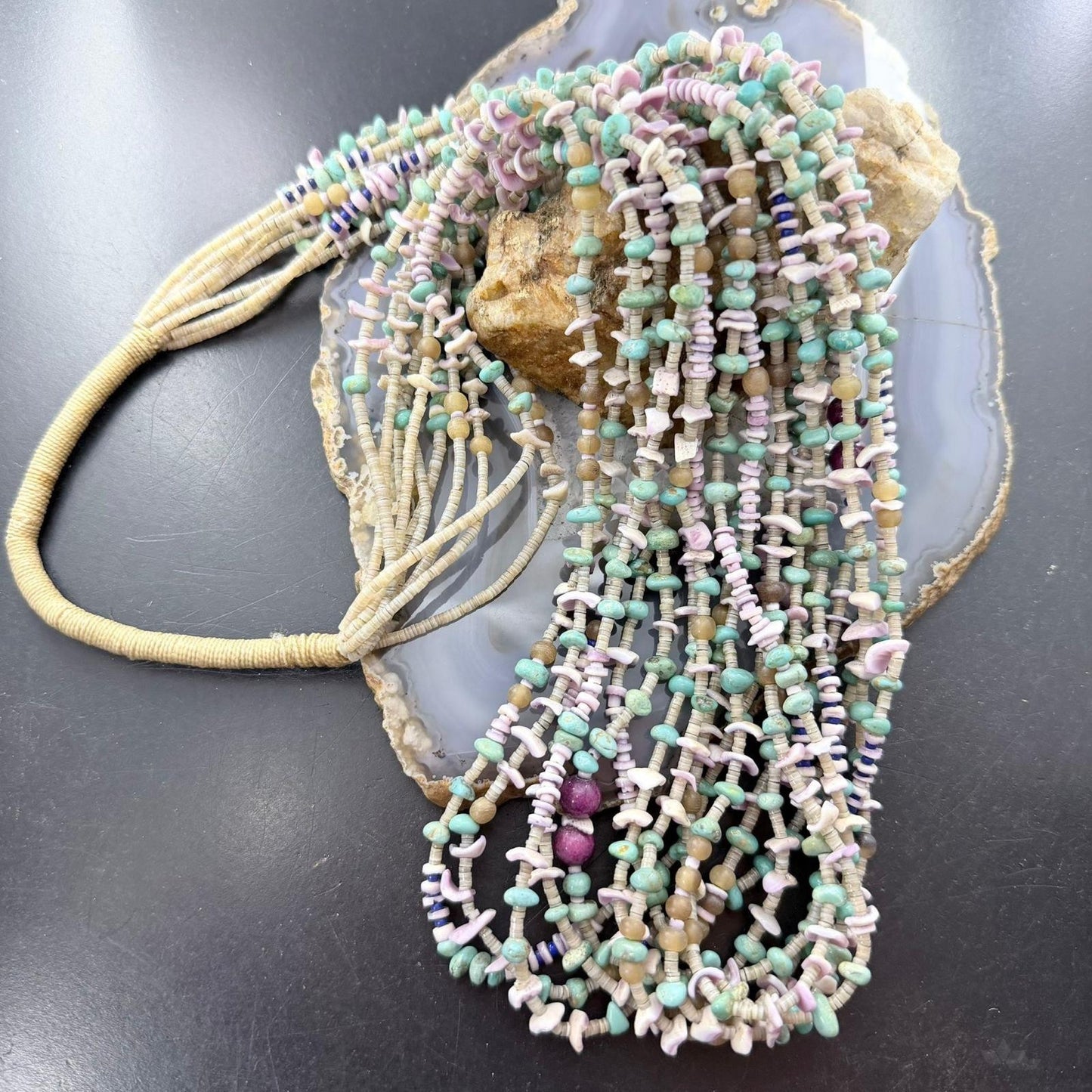 Vintage Native American 10 Strands Heishi and Multistone 30" Necklace For Women