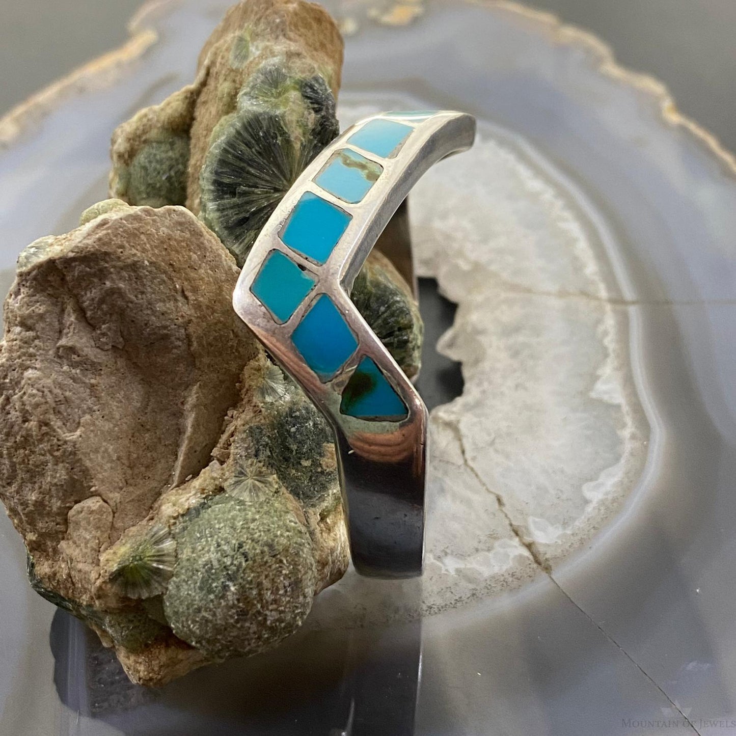 Vintage Native American Silver Turquoise Inlay Heavy Gauge Bracelet For Women