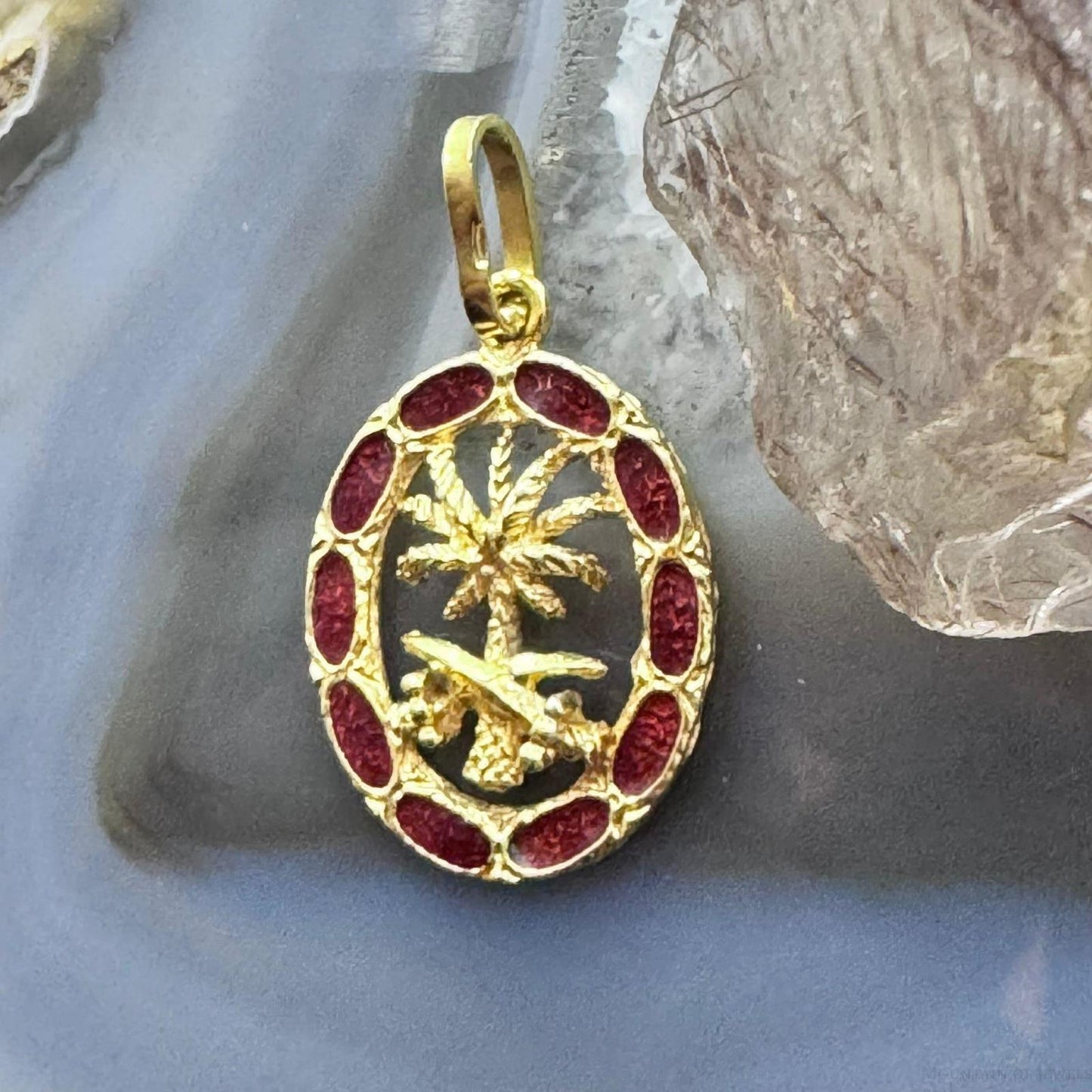 18K Yellow Gold Arab Date Tree with Swords and Red Gem Unisex Pendant