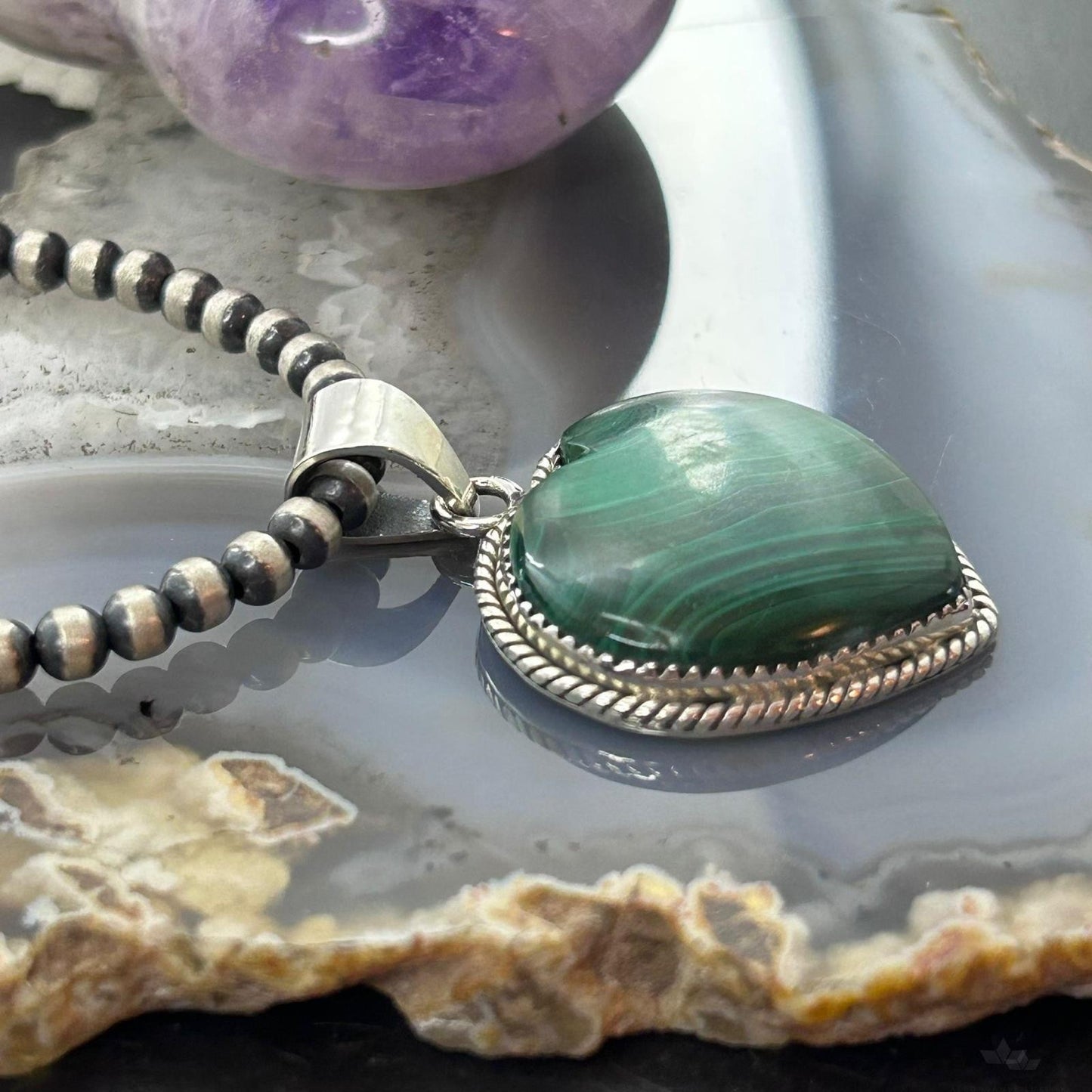 Sterling Silver Southwestern Style Malachite Heart Pendant For Women #1