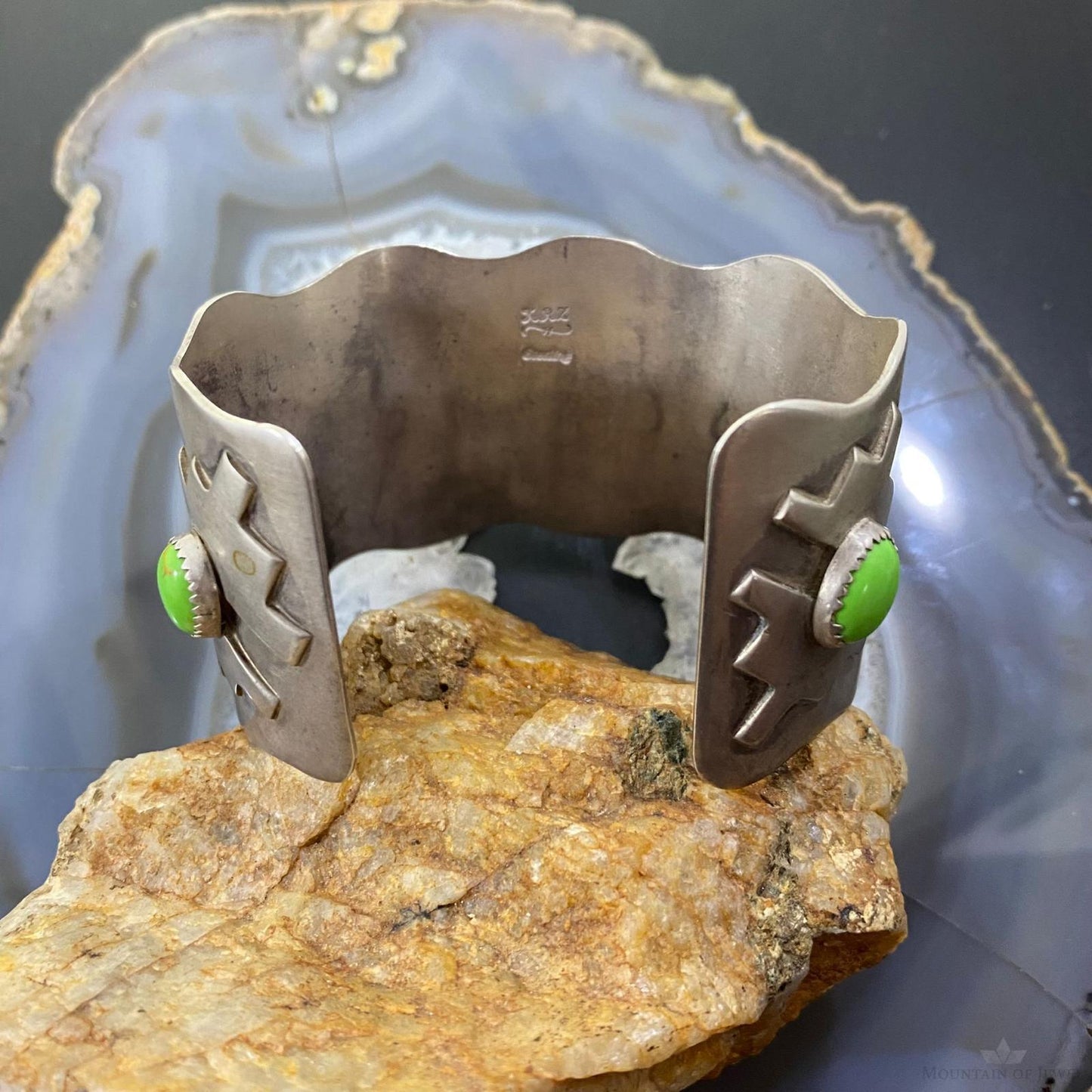 Kevin Rey Coriz Native American Sterling Silver Gaspeite Overlay Motif Bracelet For Women