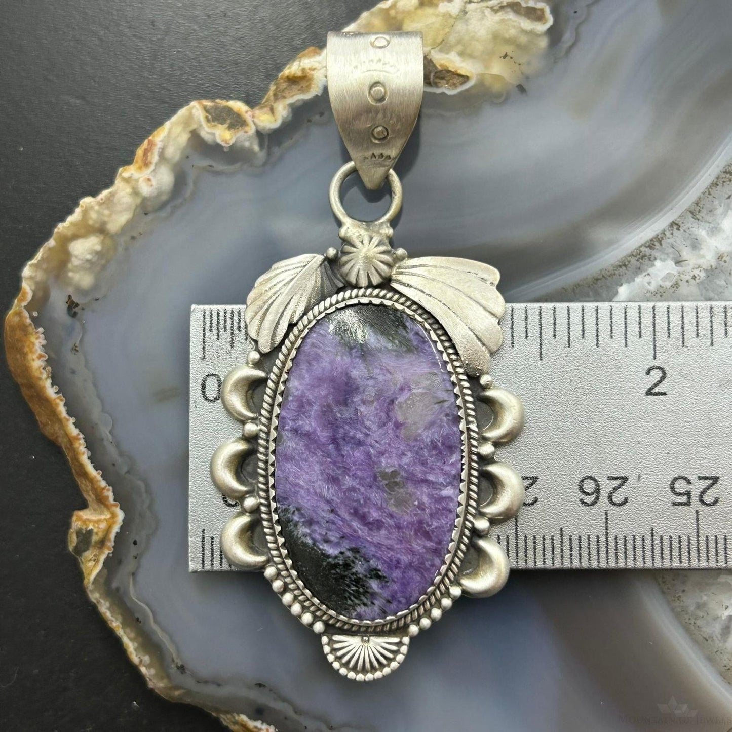 Sterling Silver Southwestern Style Oval Charoite Decorated Pendant For Women