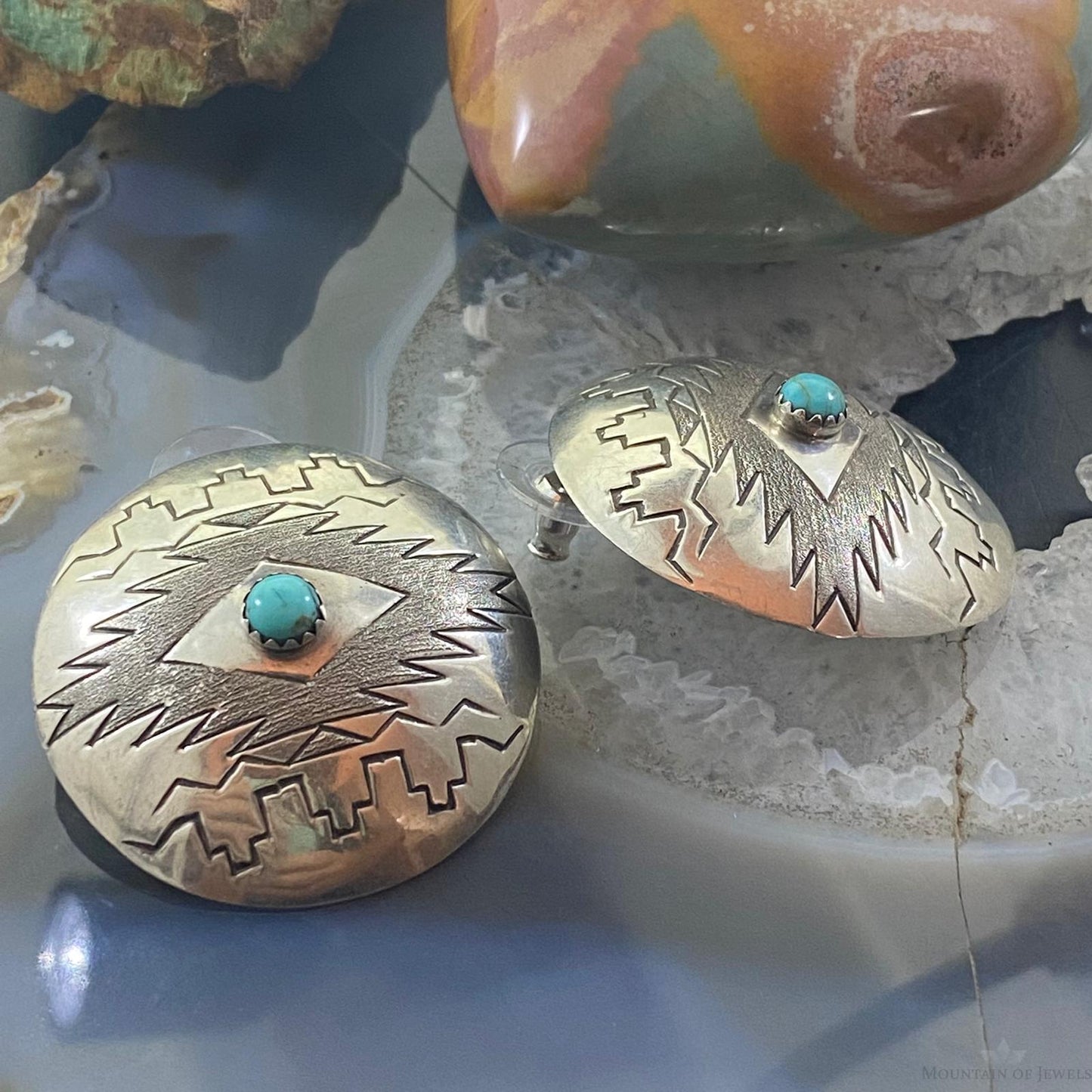 Vintage Native American Sterling Stamped Round Turquoise Stud Earrings For Women