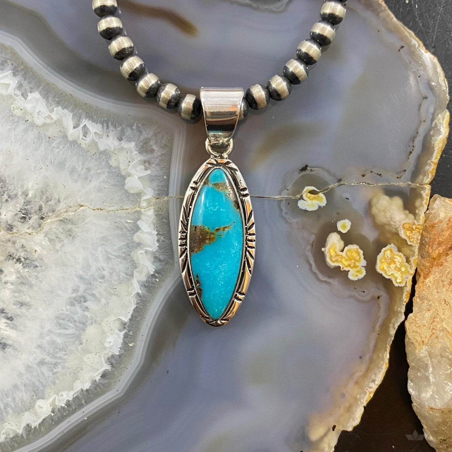 Native American Sterling Silver Turquoise Marquise Pendant For Women
