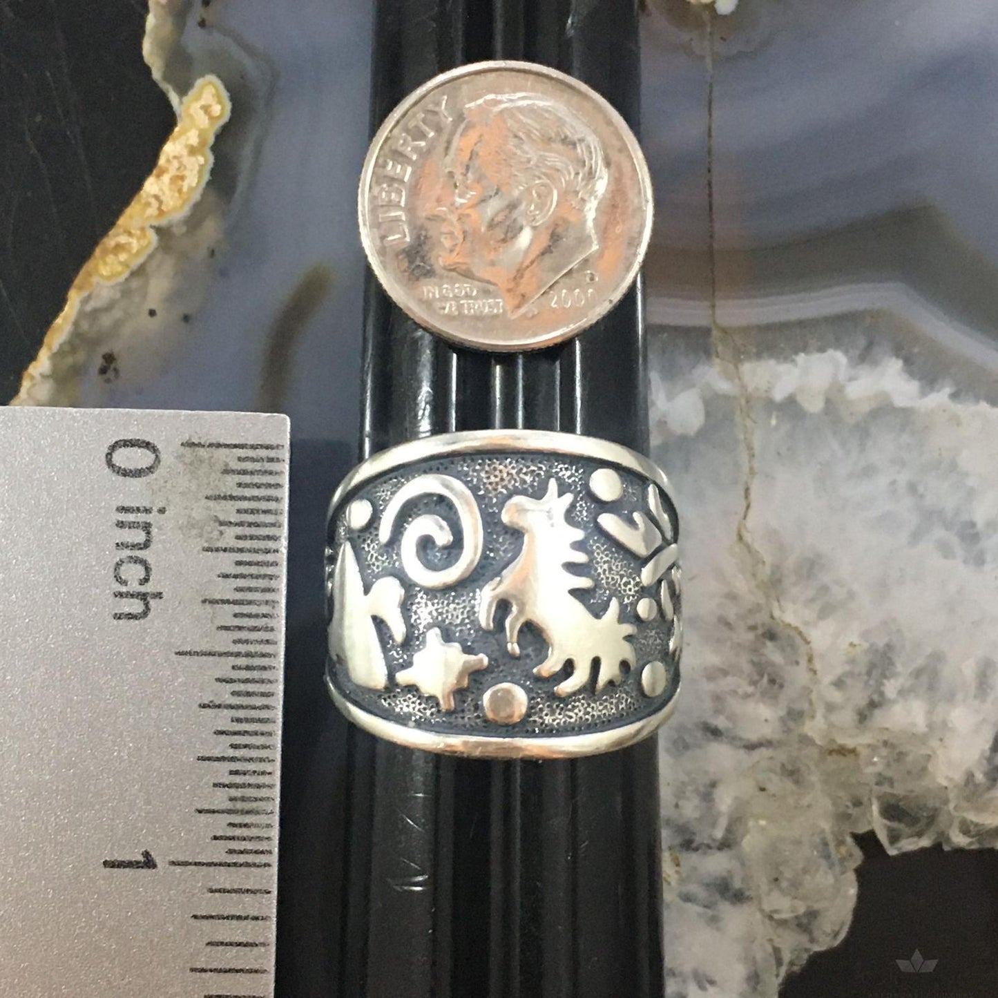 Jody Naranjo Vintage Southwestern Style Sterling Silver Fetish Symbol Decorated Ring For Women