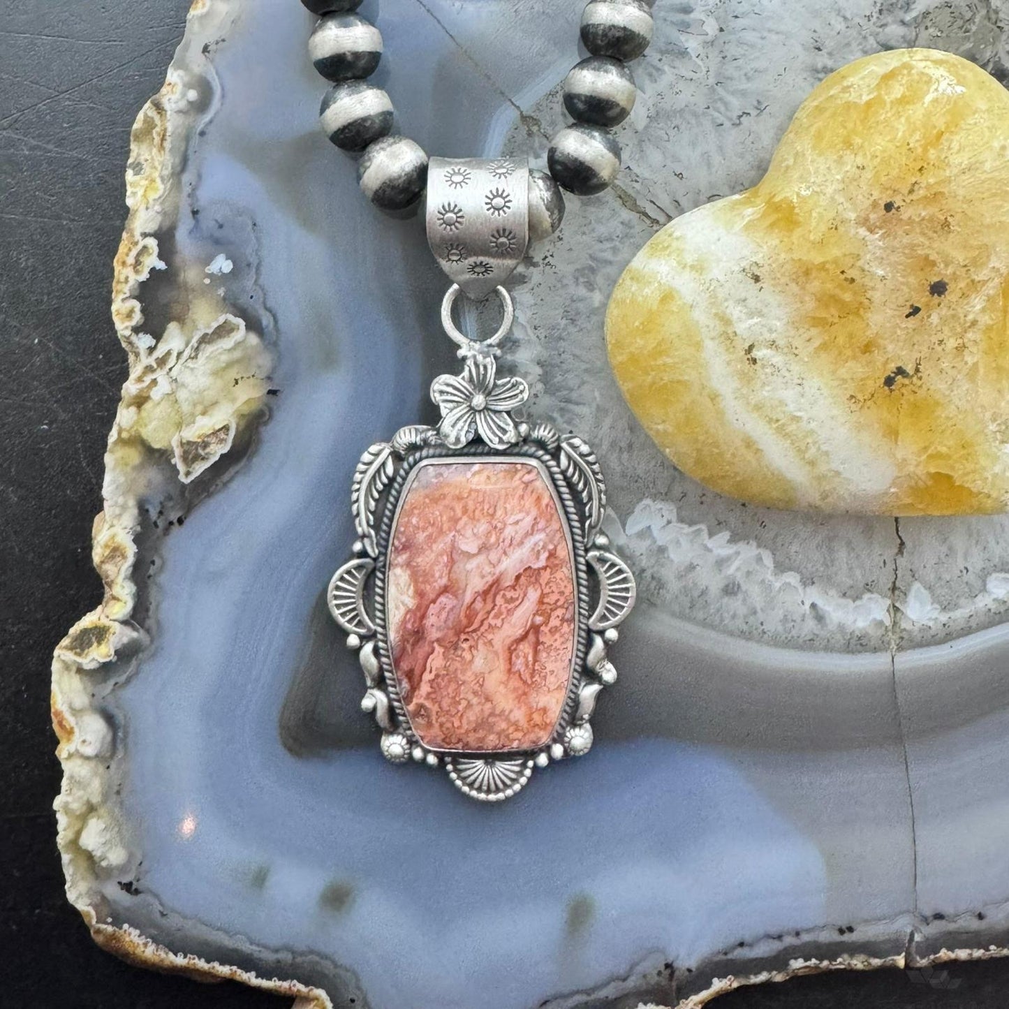 Sterling Silver Southwestern Style Rectangular Red Plum Decorated Pendant For Women