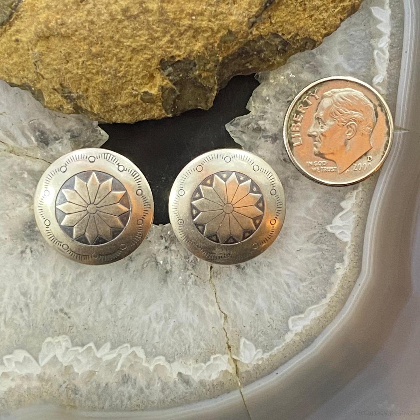 Native American Sterling Round Stamped Floral Concho Stud Earrings For Women
