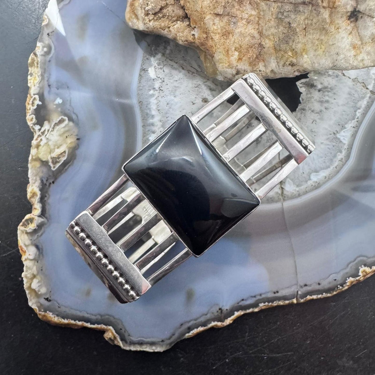 Jack Bly Vintage Native American Sterling Silver Rectangle Onyx Bracelet For Women