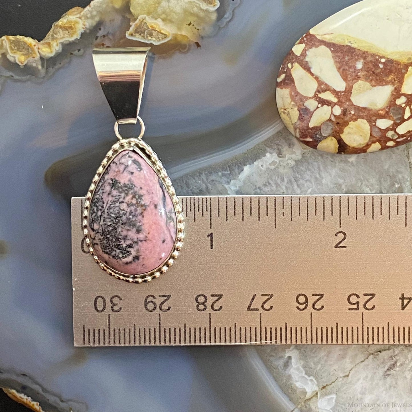 Native American Sterling Silver Rhodonite Teardrop Decorated Pendant For Women