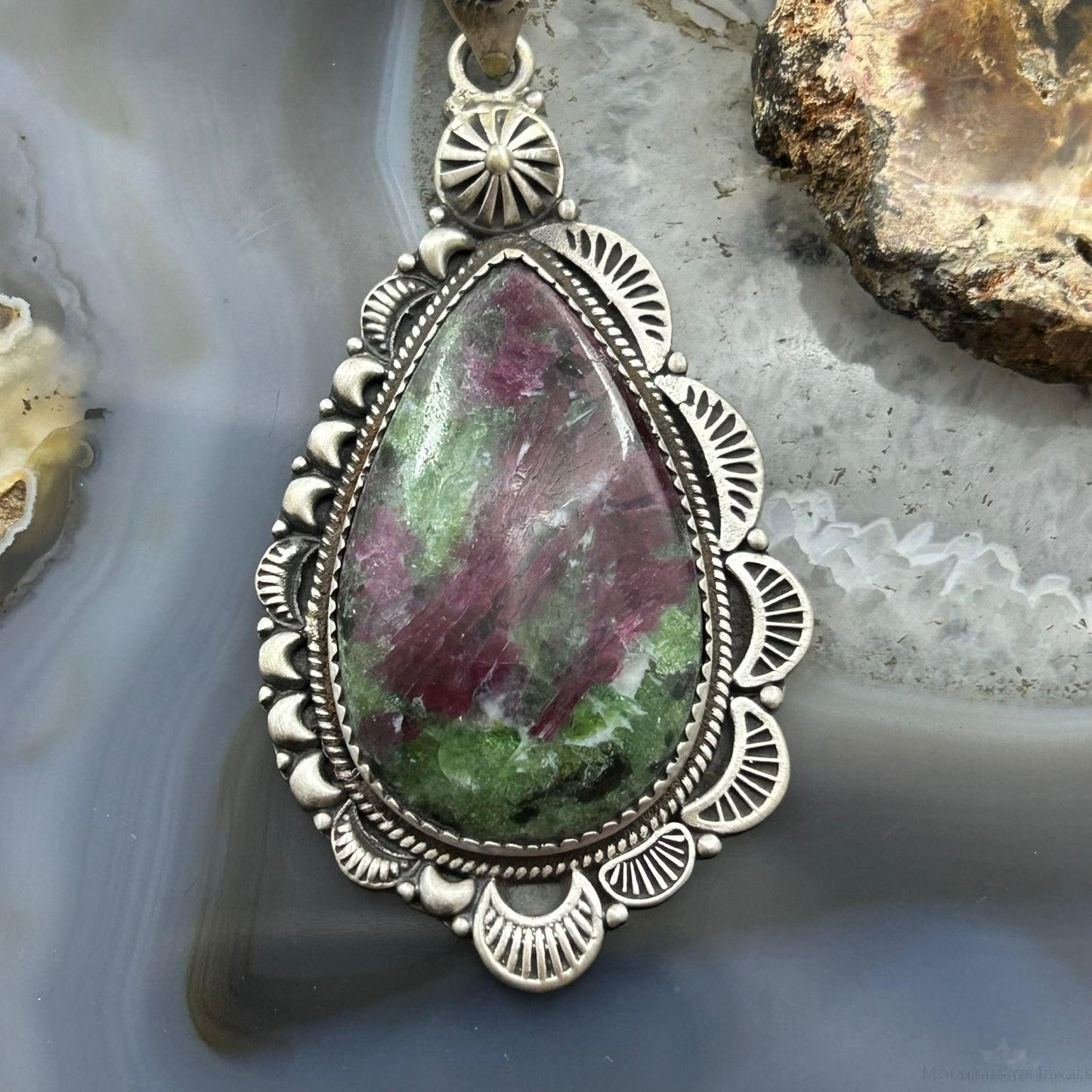 Sterling Silver Southwestern Style Teardrop Ruby Zoisite Decorated Pendant For Women