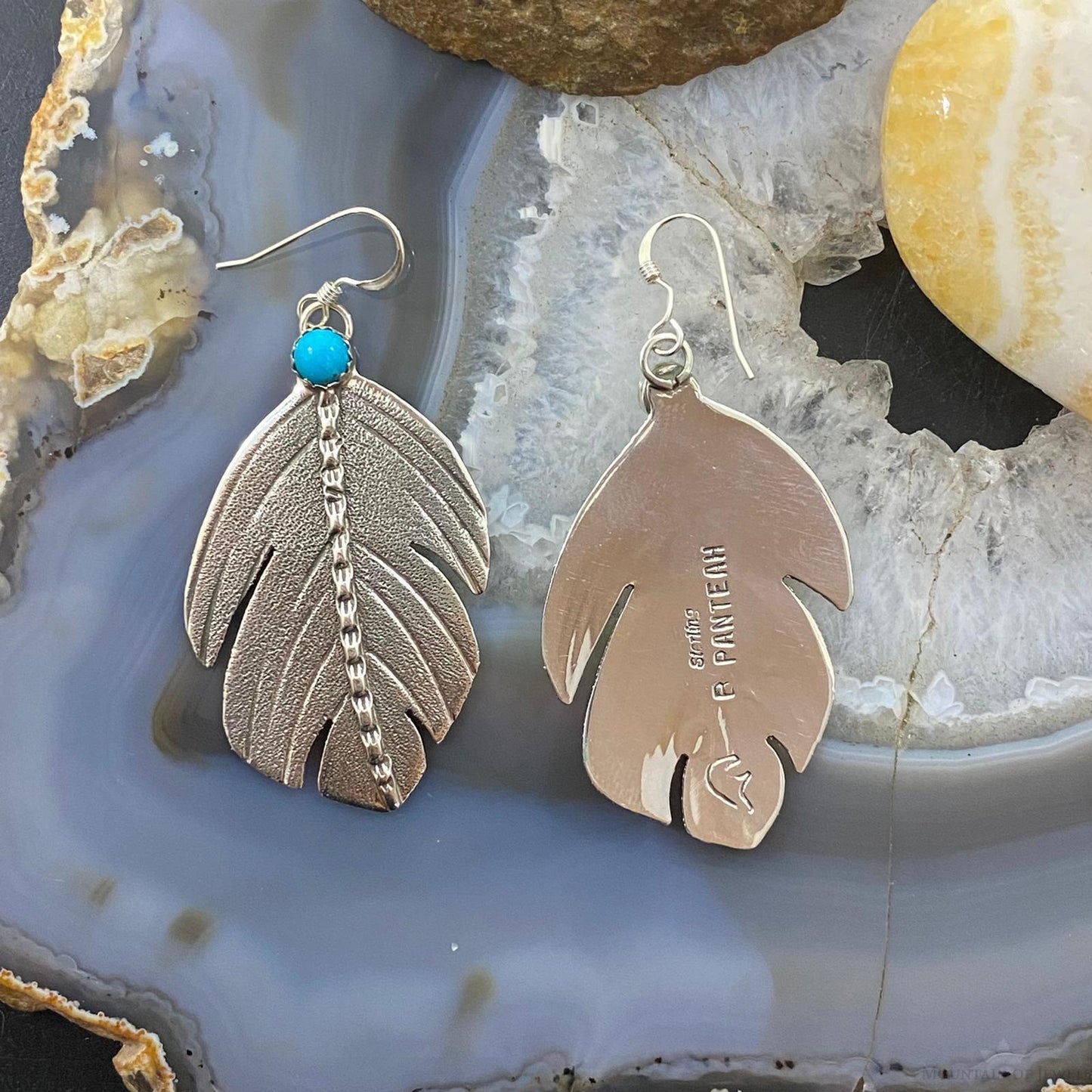 Brad Panteah Sterling Silver Turquoise Feather Texture Dangle Earrings For Women