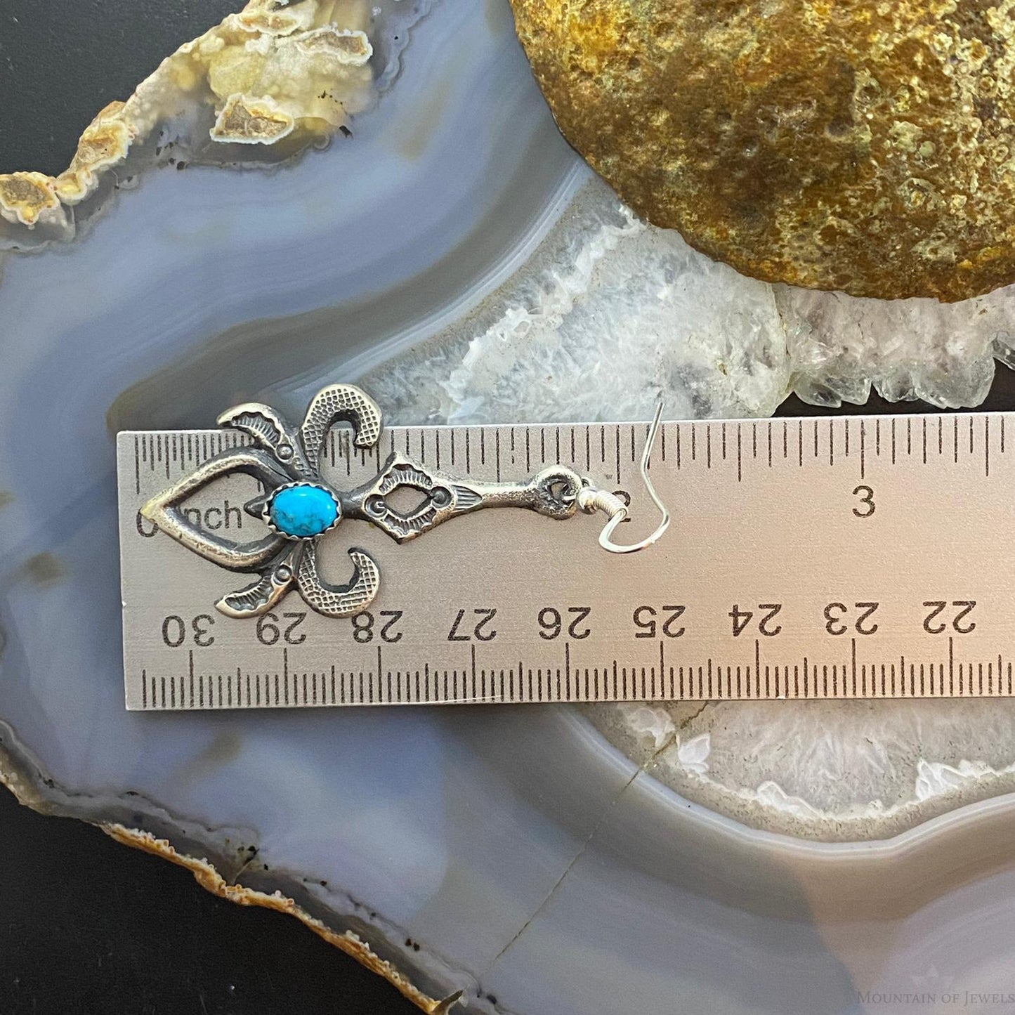 Kevin Billah Sterling Silver Stamped Sand Cast w/Kingman Turquoise Dangle Earrings