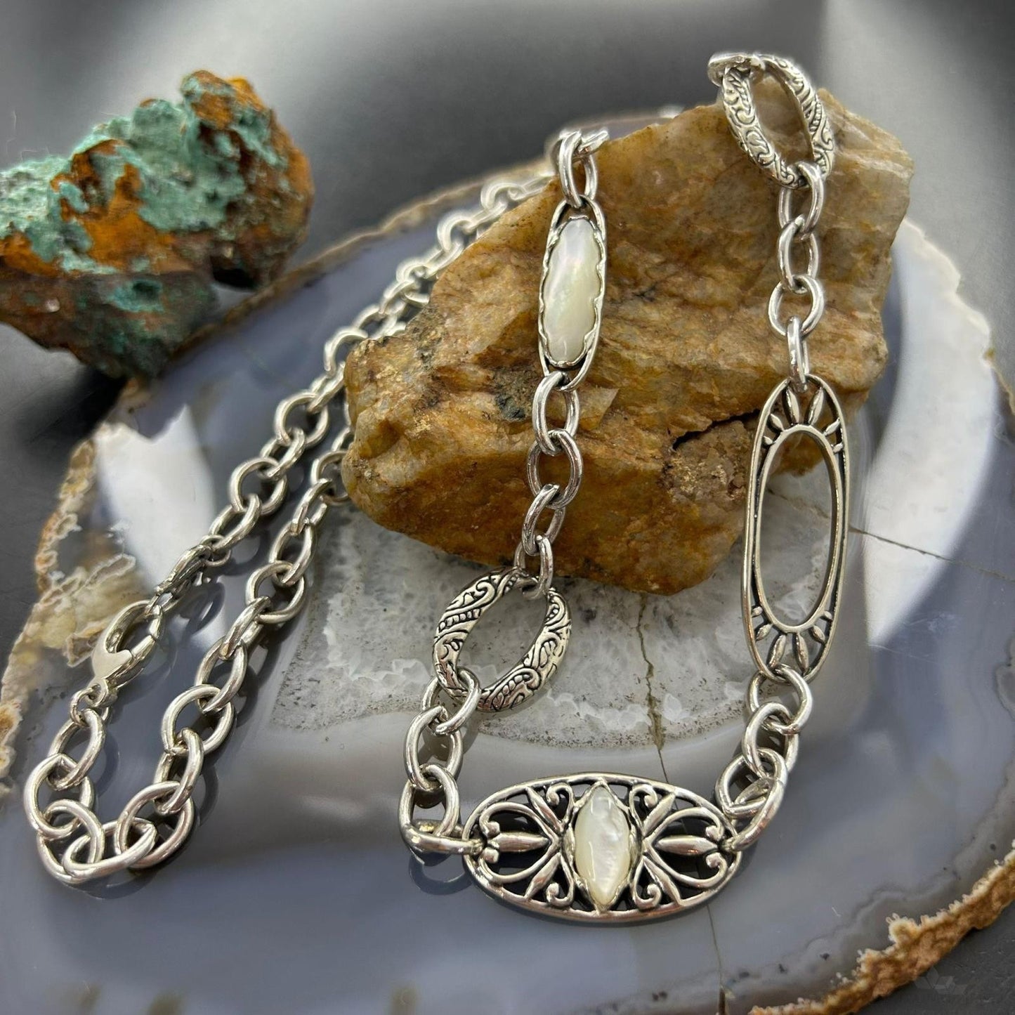 Carolyn Pollack Vintage Sterling Mother Of Pearl Chain Link Necklace For Women
