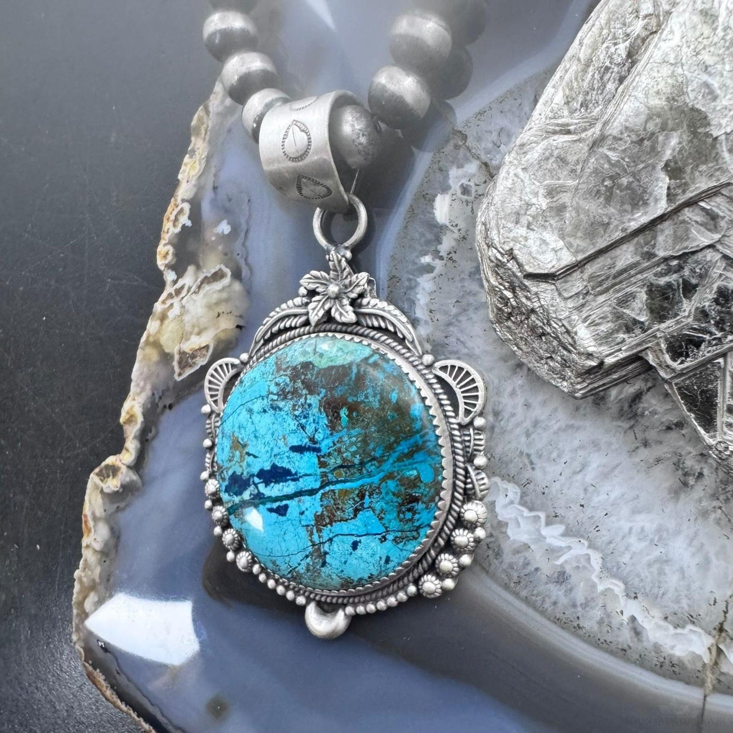 Sterling Silver Southwestern Style Large Round Chrysocolla Decorated Pendant For Women