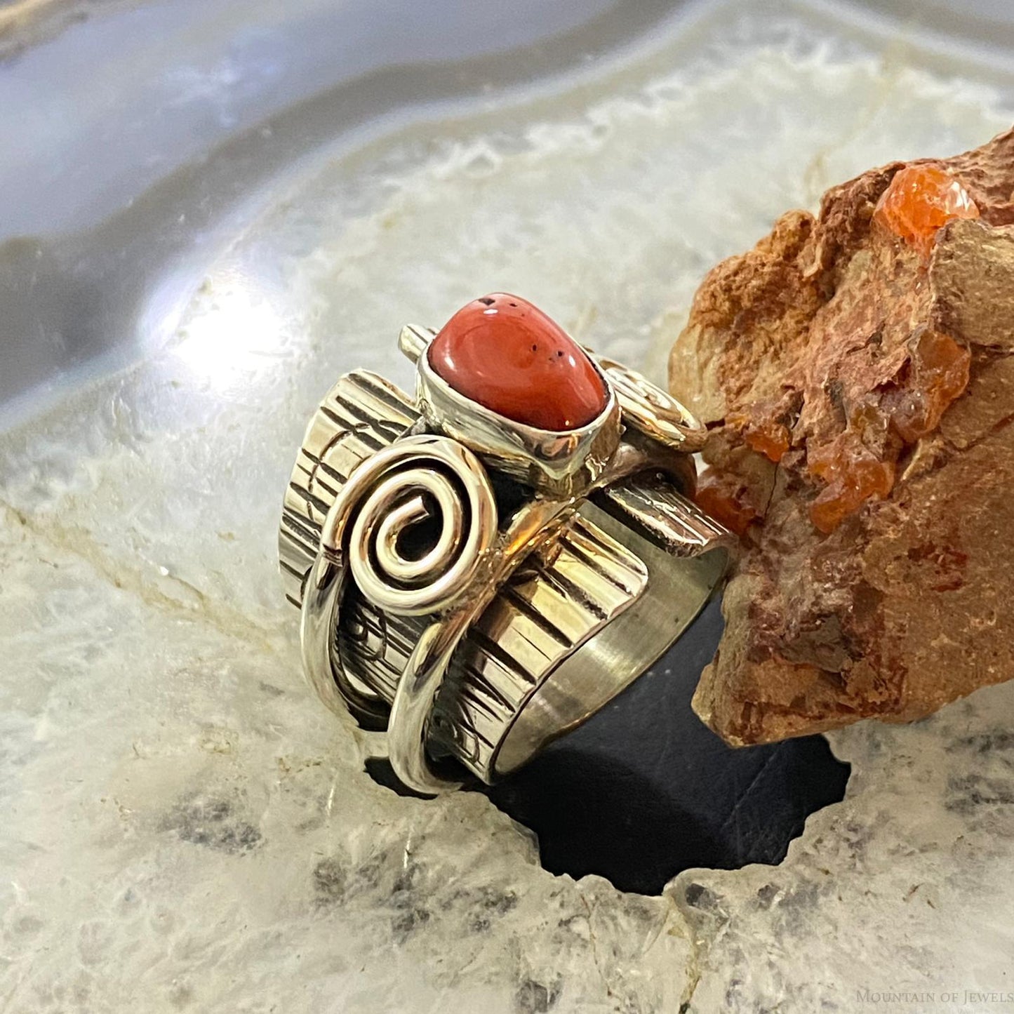 Alex Sanchez Sterling Silver Coral Unique Petroglyph Band Ring Sz 5.5 For Women