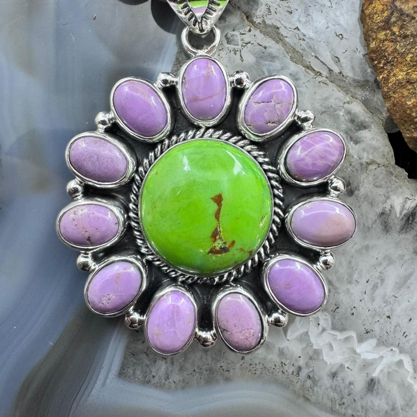 Native American Sterling Silver Green Turquoise w/Phosphosiderite Pendant For Women