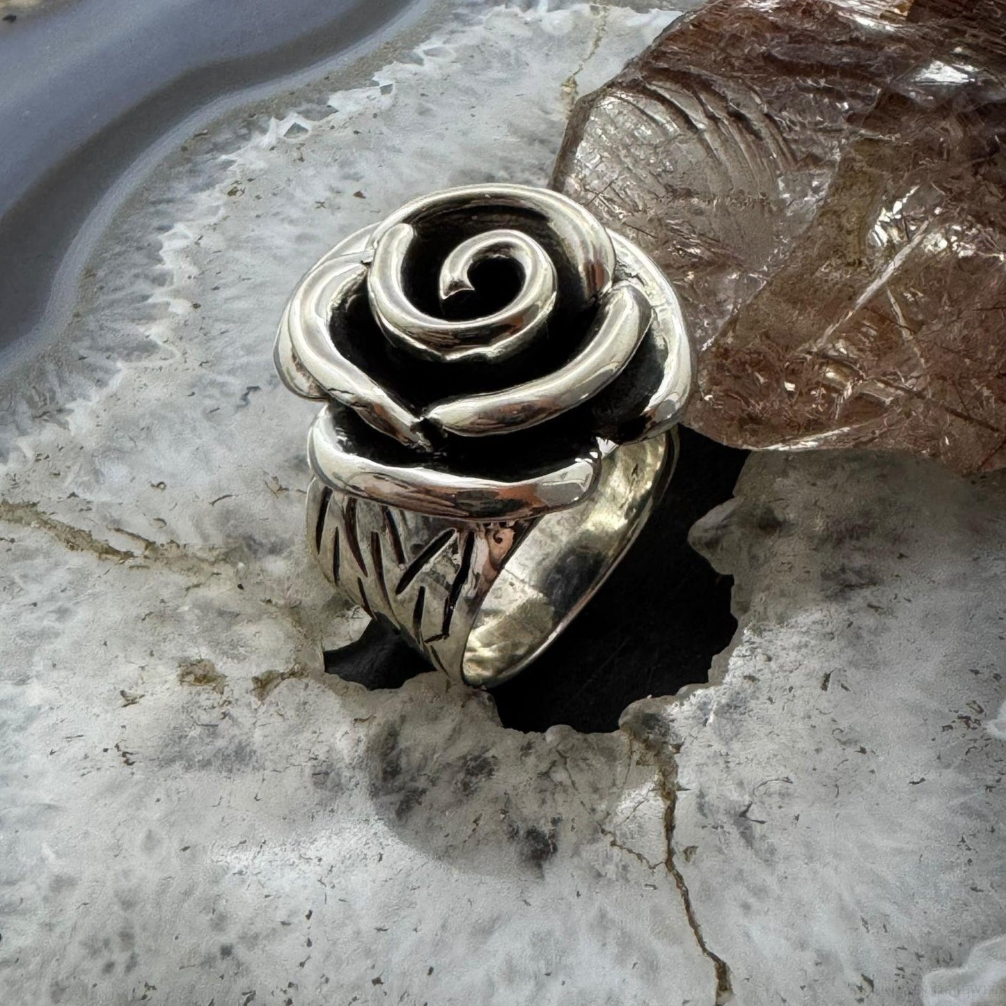 Sterling Silver Rose with Decorated Band Fashion Ring For Women, Taxco Mexico