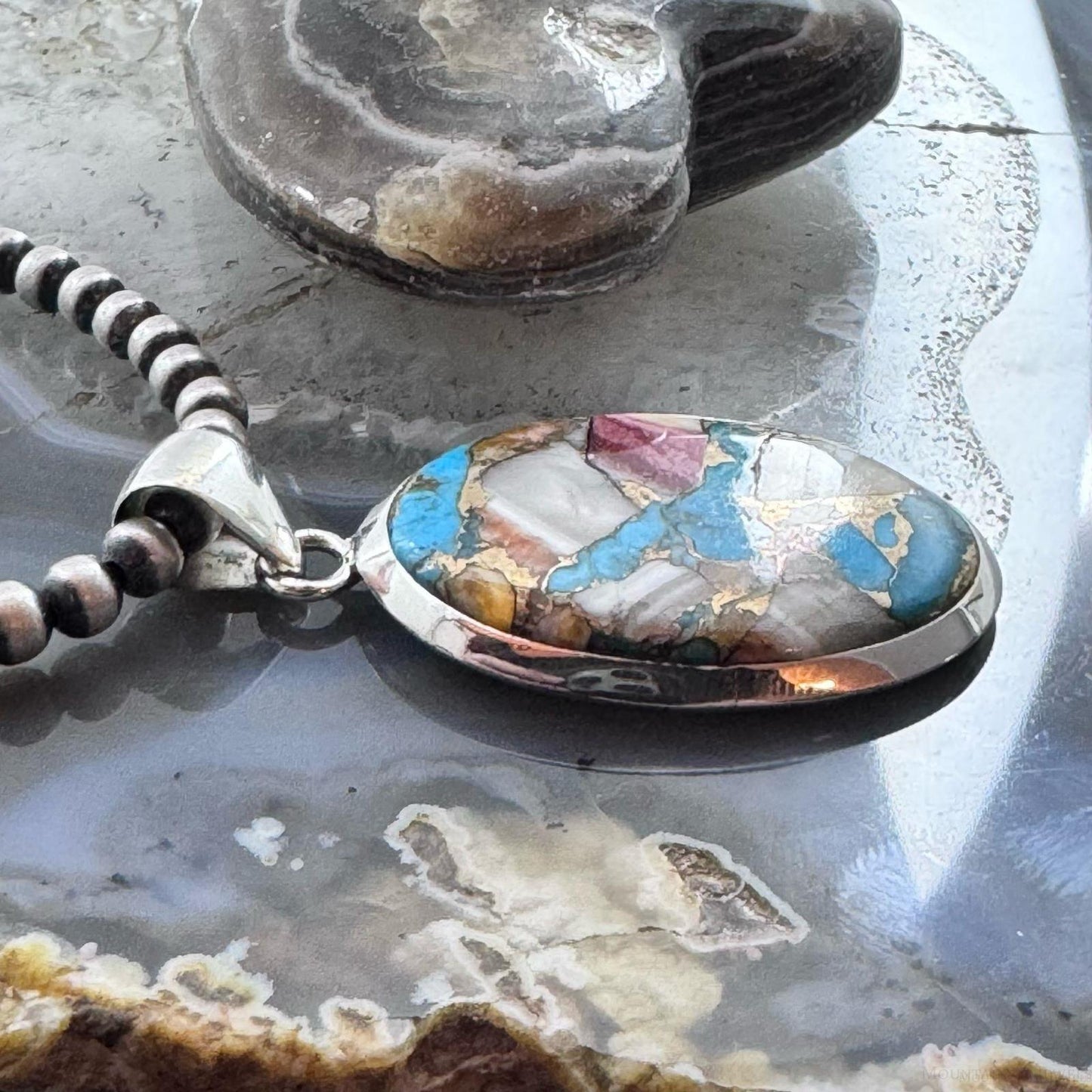 Sterling Southwestern Style Copper Turquoise Spiny Oyster Pendant For Women