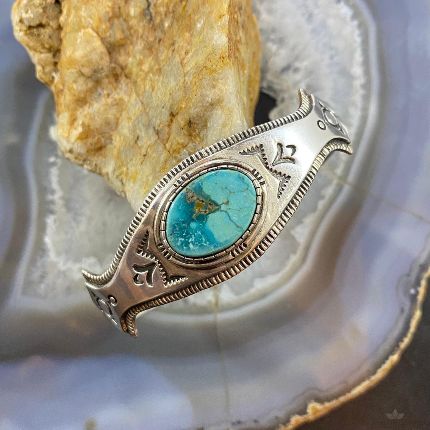 Leonard Gene Vintage Sterling Silver Overlay Oval Turquoise Bracelet For Women
