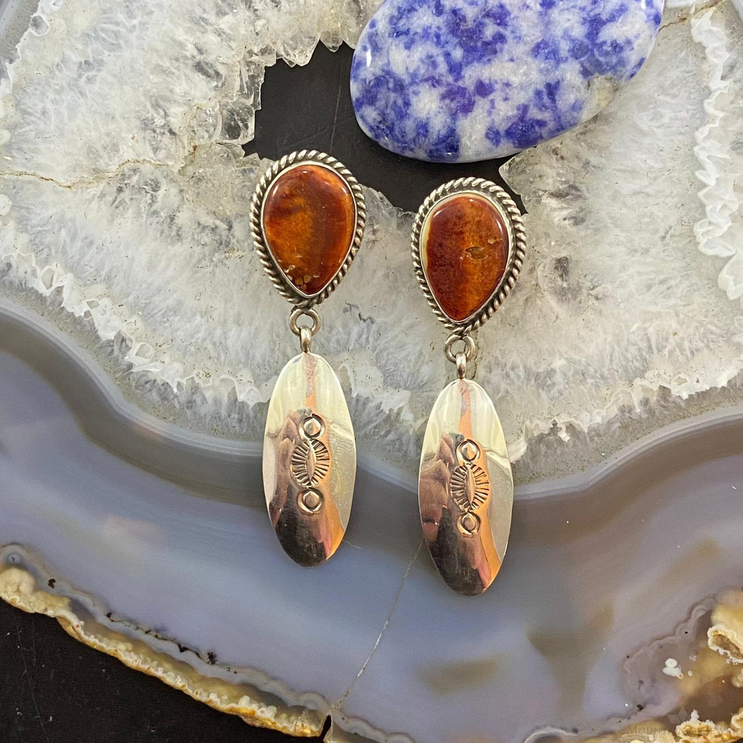 Native American Sterling Silver Teardrop Spiny Oyster Dangle Earrings For Women