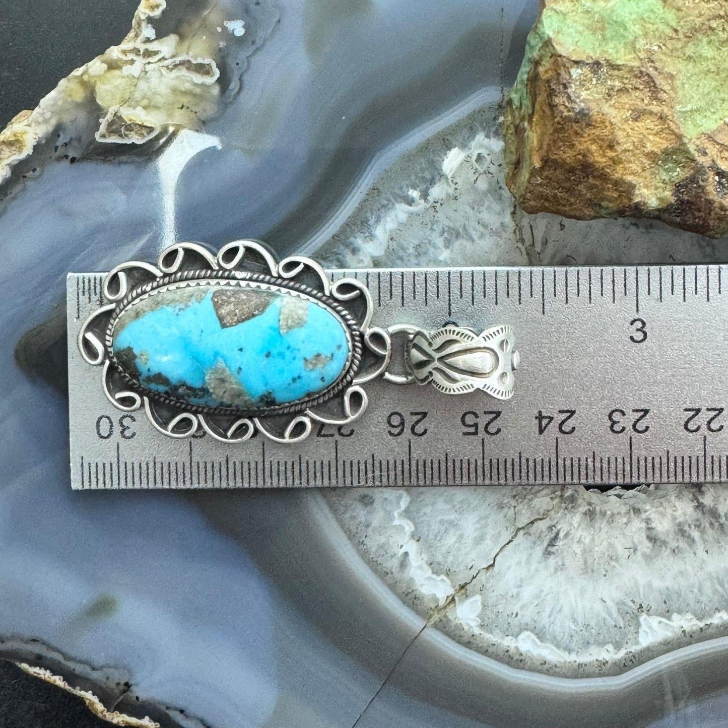 Sterling Silver Southwestern Style Elongated Oval Matrix Turquoise Pendant For Women