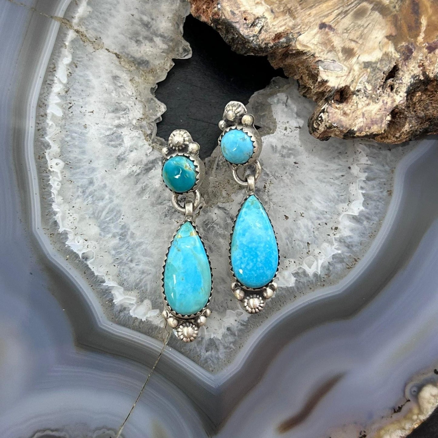 Sterling Silver Southwestern Style Teardrop & Rounded Turquoise Post Dangle Earrings For Women
