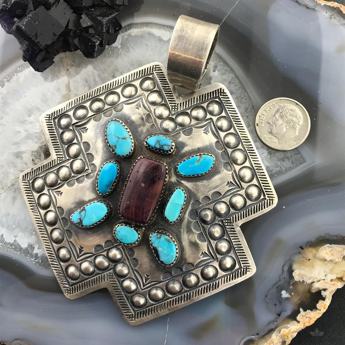 Shawn Cayatineto Native American Sterling Turquoise and Spiny Oyster Uni Pendant