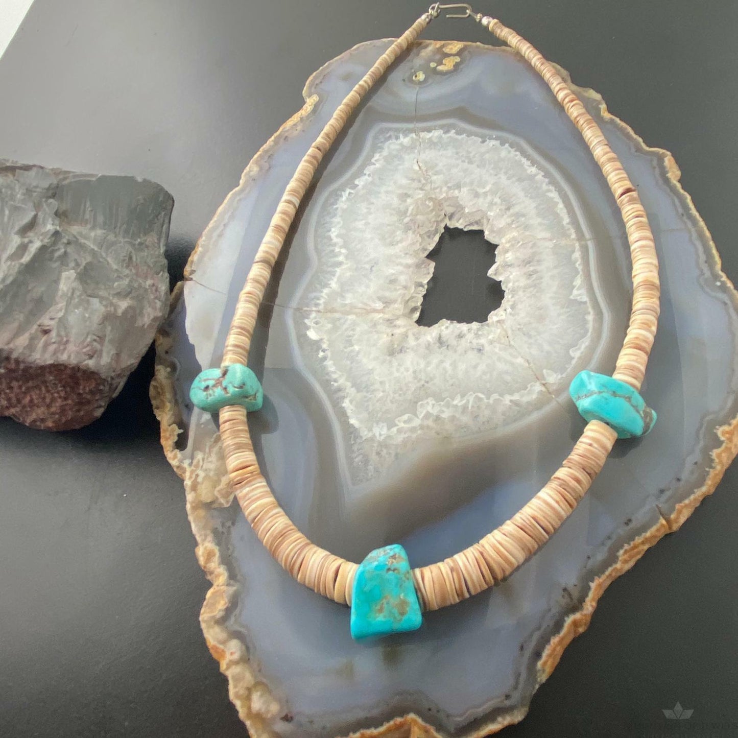 Vintage Native American Heishi Sea Shell Disk and Chunky Turquoise Necklace