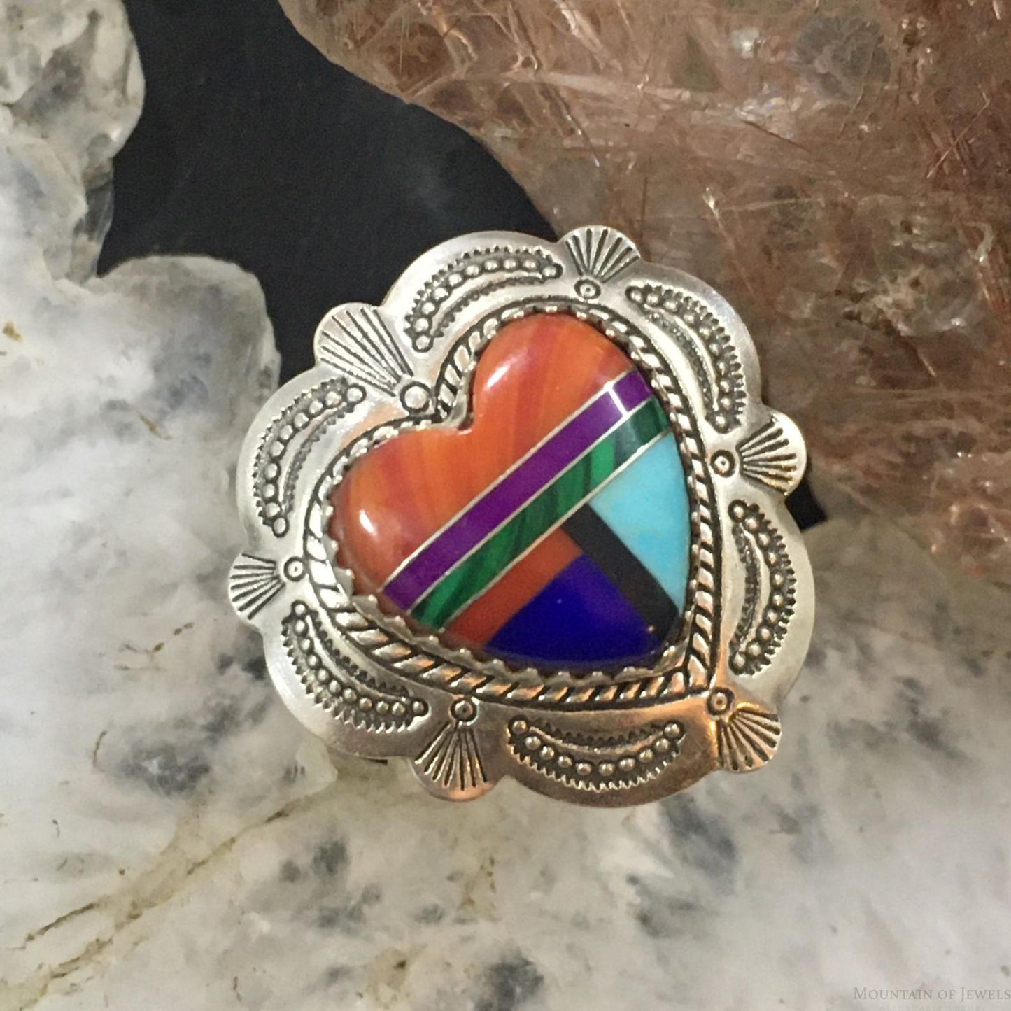 Carolyn Pollack Southwestern Style Sterling Silver Multi-gemstone Zuni Style Inlay Heart Ring For Women