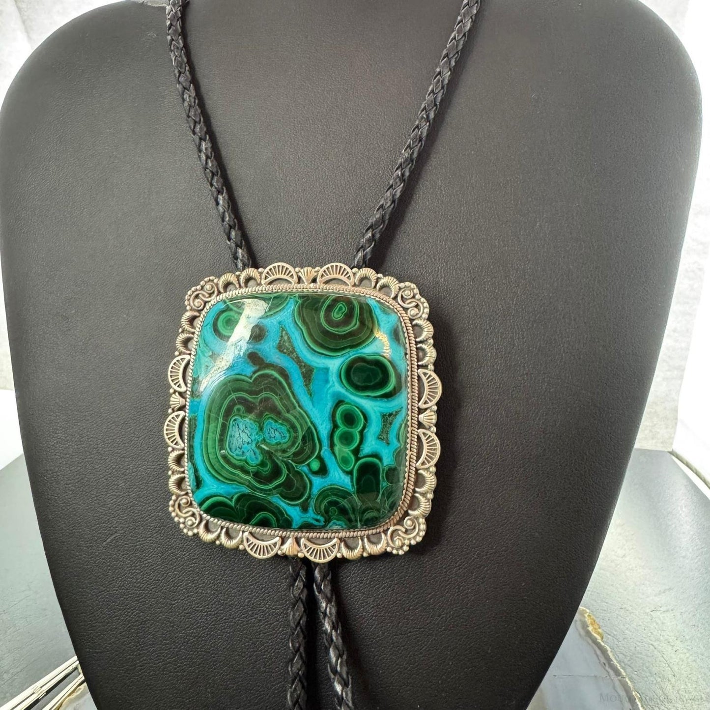 Sterling Silver Southwestern Style Square Azurite Malachite Bolo Tie For Men
