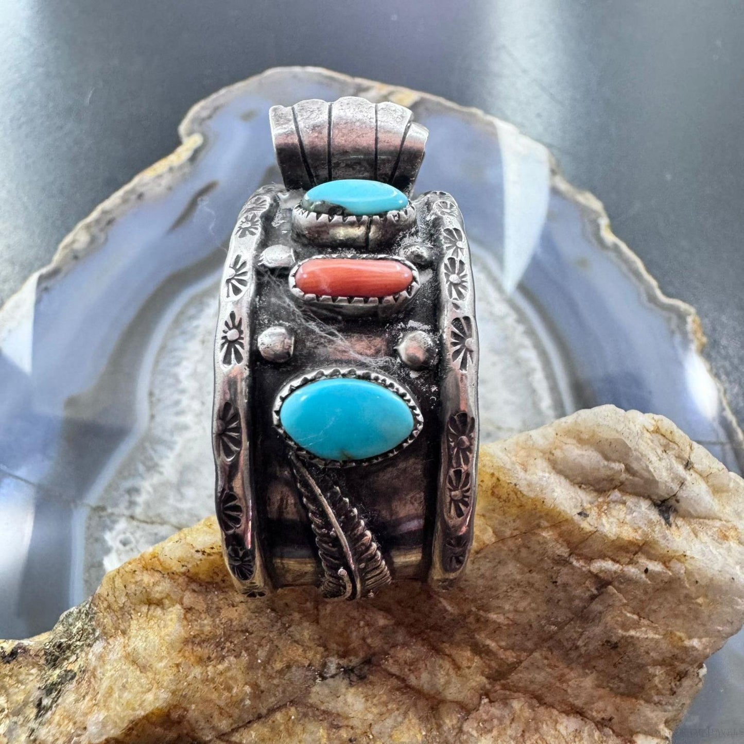 Vintage Signed Sterling Kingman Turquoise & Coral Decorated Watch Cuff For Women