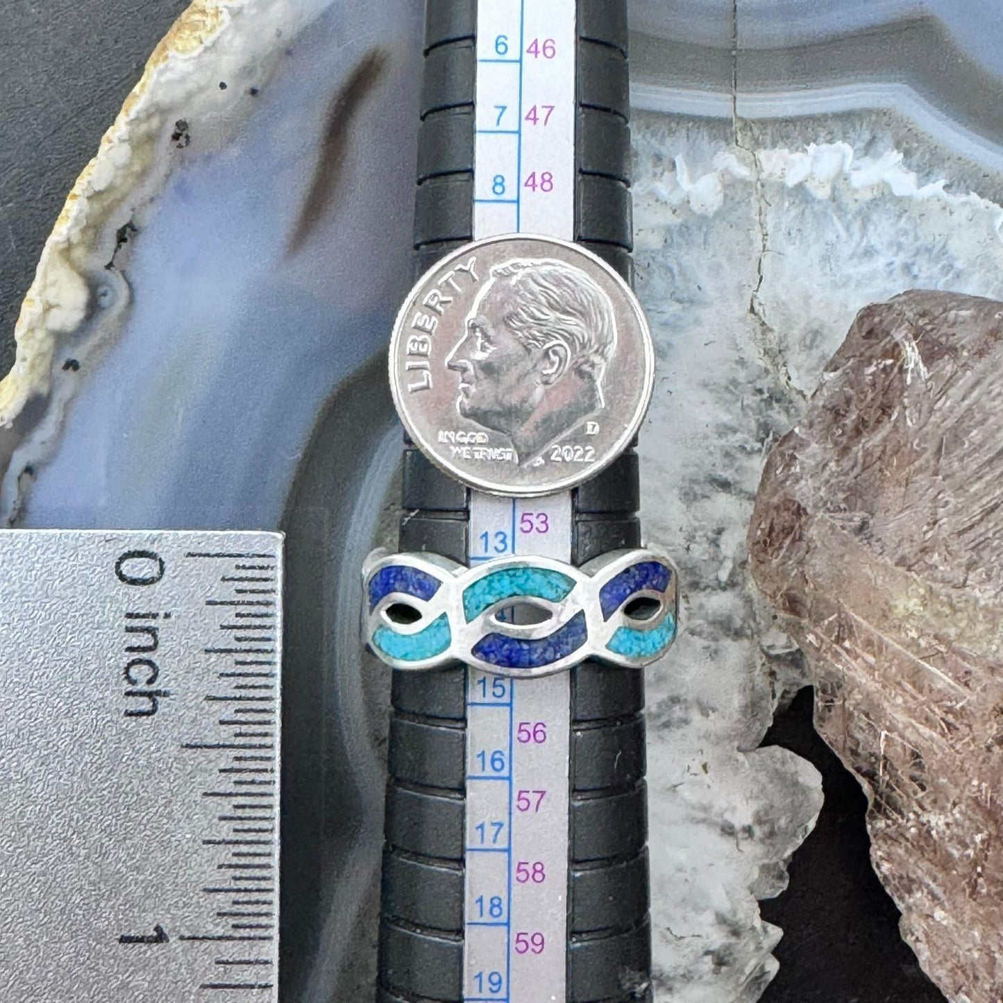 Carolyn Pollack Sterling Silver Turquoise & Lapis Chip Inlay Band Ring Size 7 For Women
