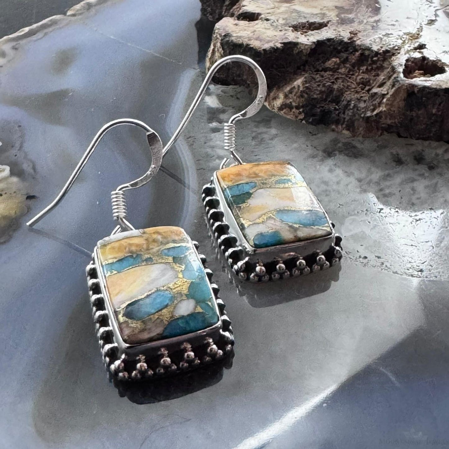 Sterling Silver Southwestern Style Rectangle Spiny Oyster Turquoise Dangle Earrings For Women
