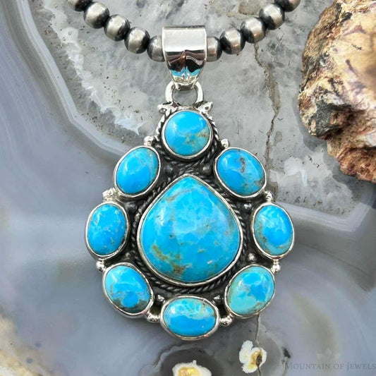 Sterling Silver Southwestern Style Mohave Turquoise Cluster Pendant For Women #2