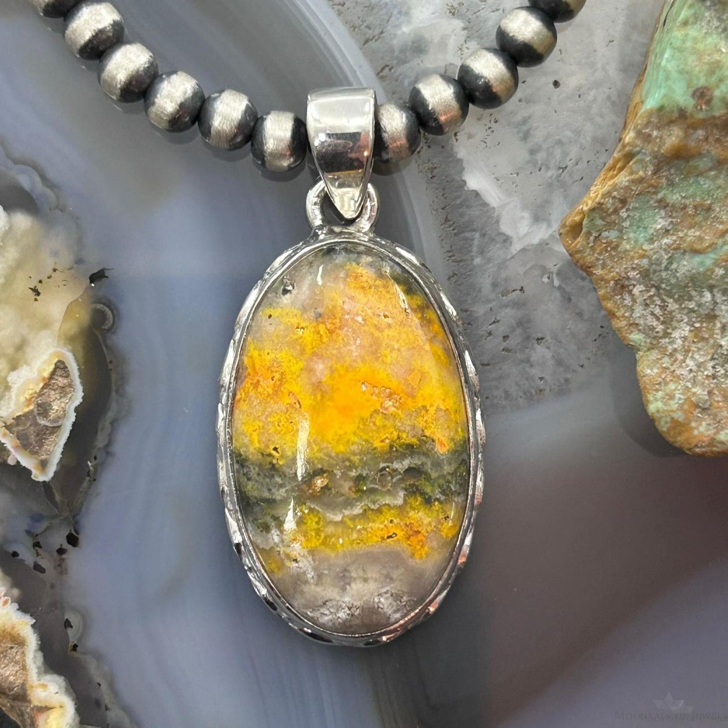 Sterling Silver Southwestern Style Oval Yellow Jasper Pendant For Women