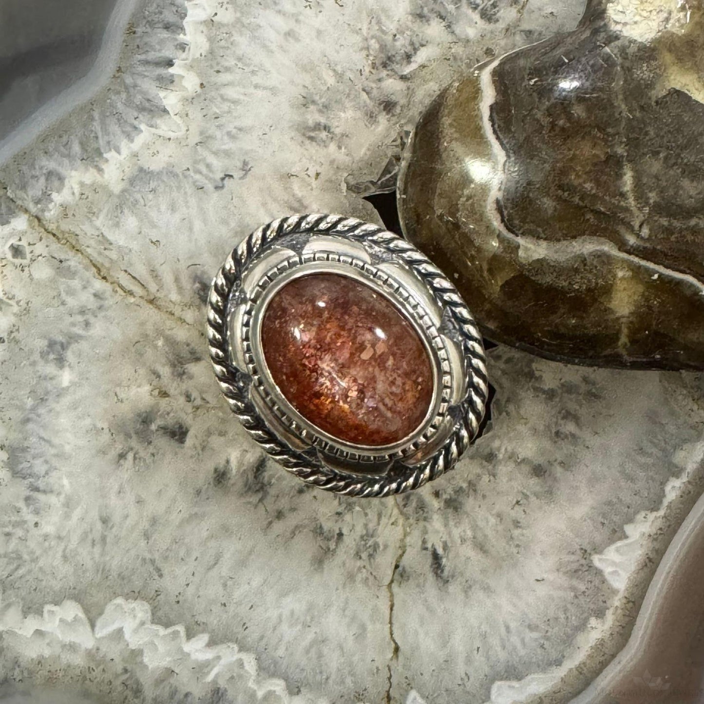 Carolyn Pollack Sterling Silver Oval Brown Jasper Decorated Ring Size 7.5 For Women