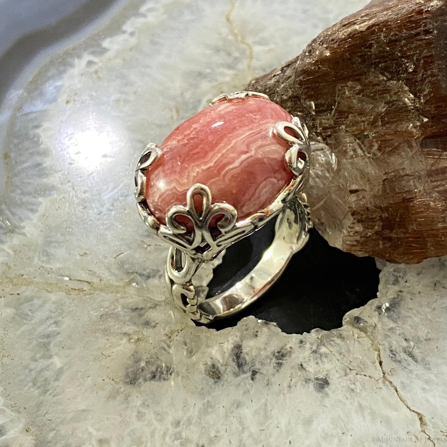 Carolyn Pollack Southwestern Style Sterling Silver Oval Rhodonite Decorated Ring For Women