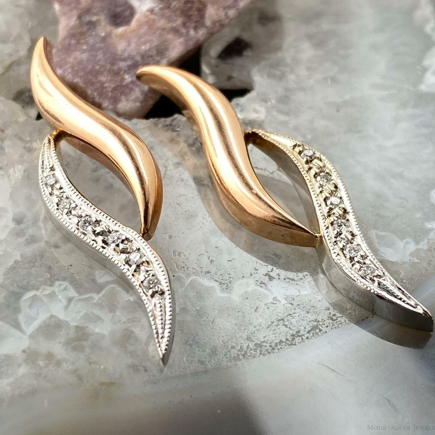 14K Two Tone Gold Diamonds Wavy Stud Earrings For Women