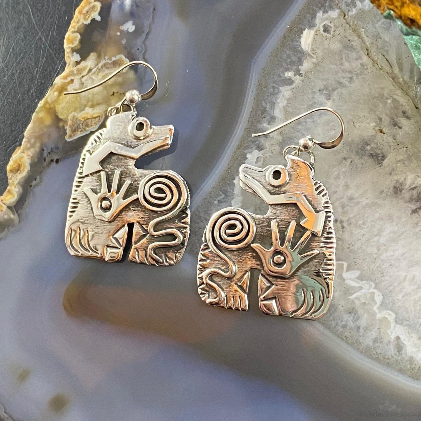 Brad Panteah Sterling Spirit Bear w/Petroglyph Symbols Dangle Earrings For Women