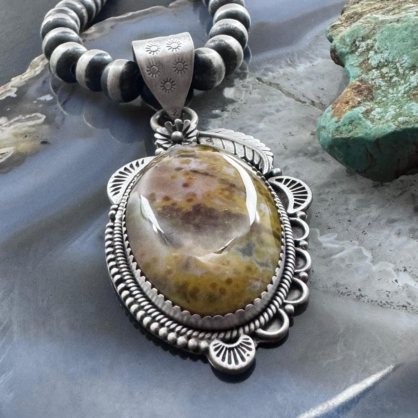 Sterling Silver Southwestern Style Oval River Jasper Decorated Pendant For Women