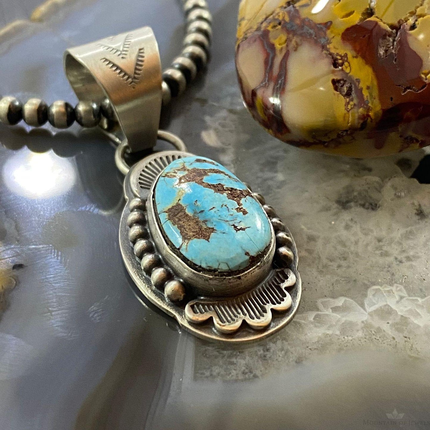 Native American Sterling Oval Kingman Turquoise Decorated Pendant For Women