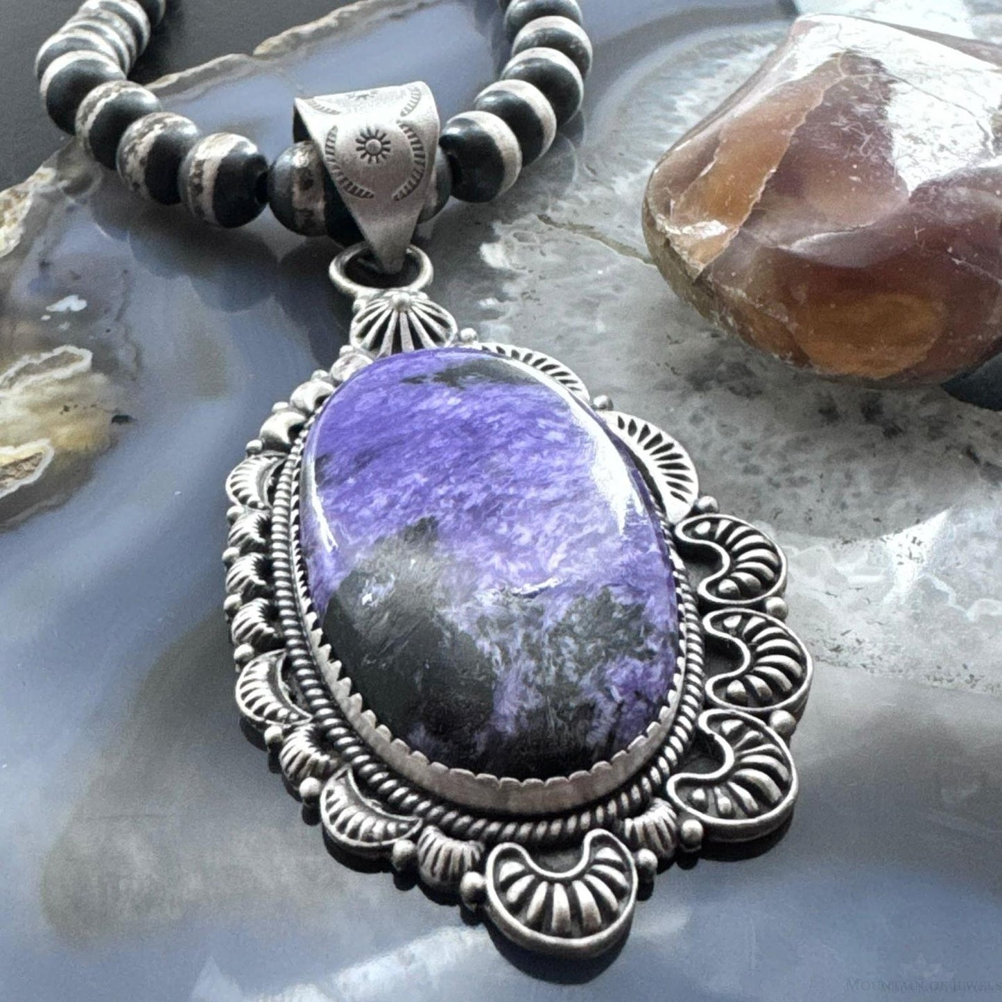 Sterling Silver Southwestern Style Large Oval Charoite Decorated Pendant For Women
