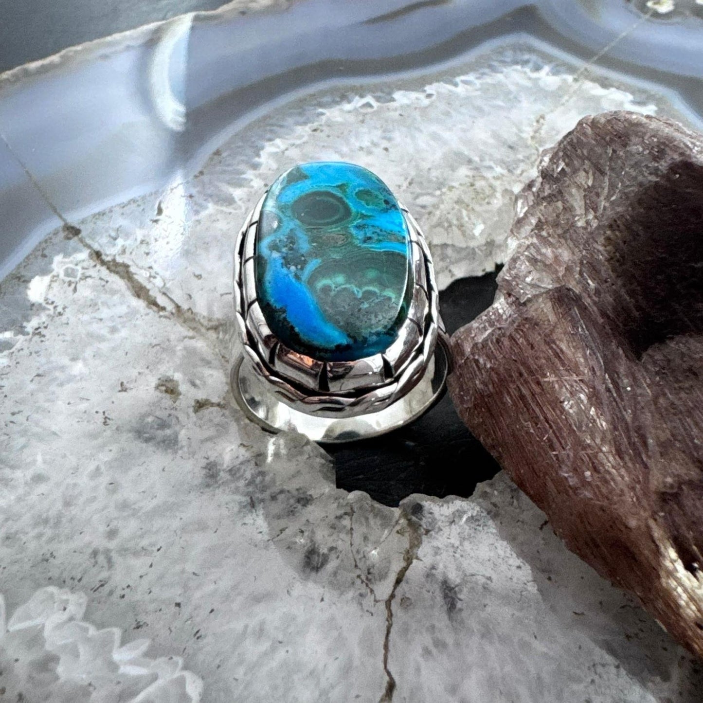 Sterling Silver Southwestern Style Elongated Oval Malachite Azurite Ring Size 9.5 For Women