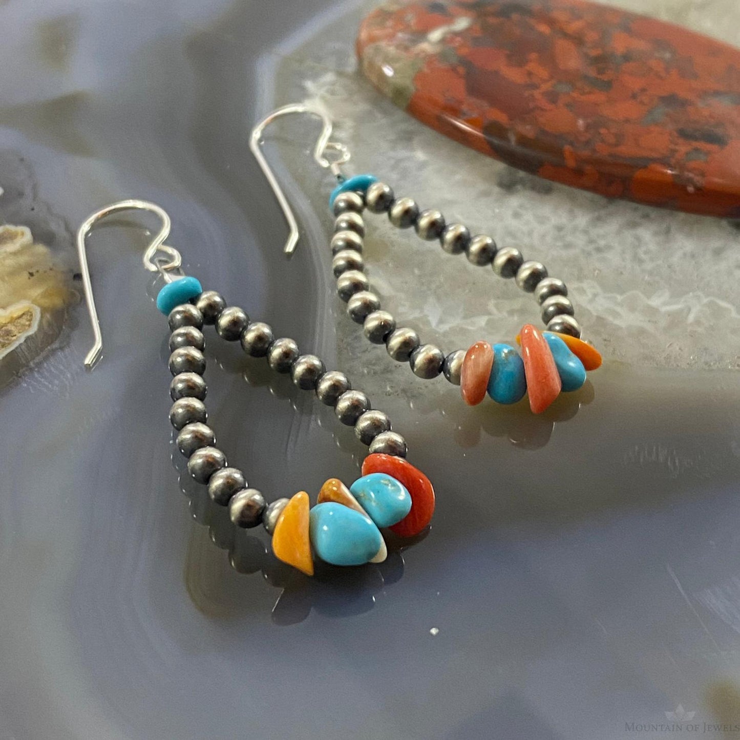 Navajo Pearl, Coral & Turquoise Beads 3mm Sterling Teardrop Dangle Earrings