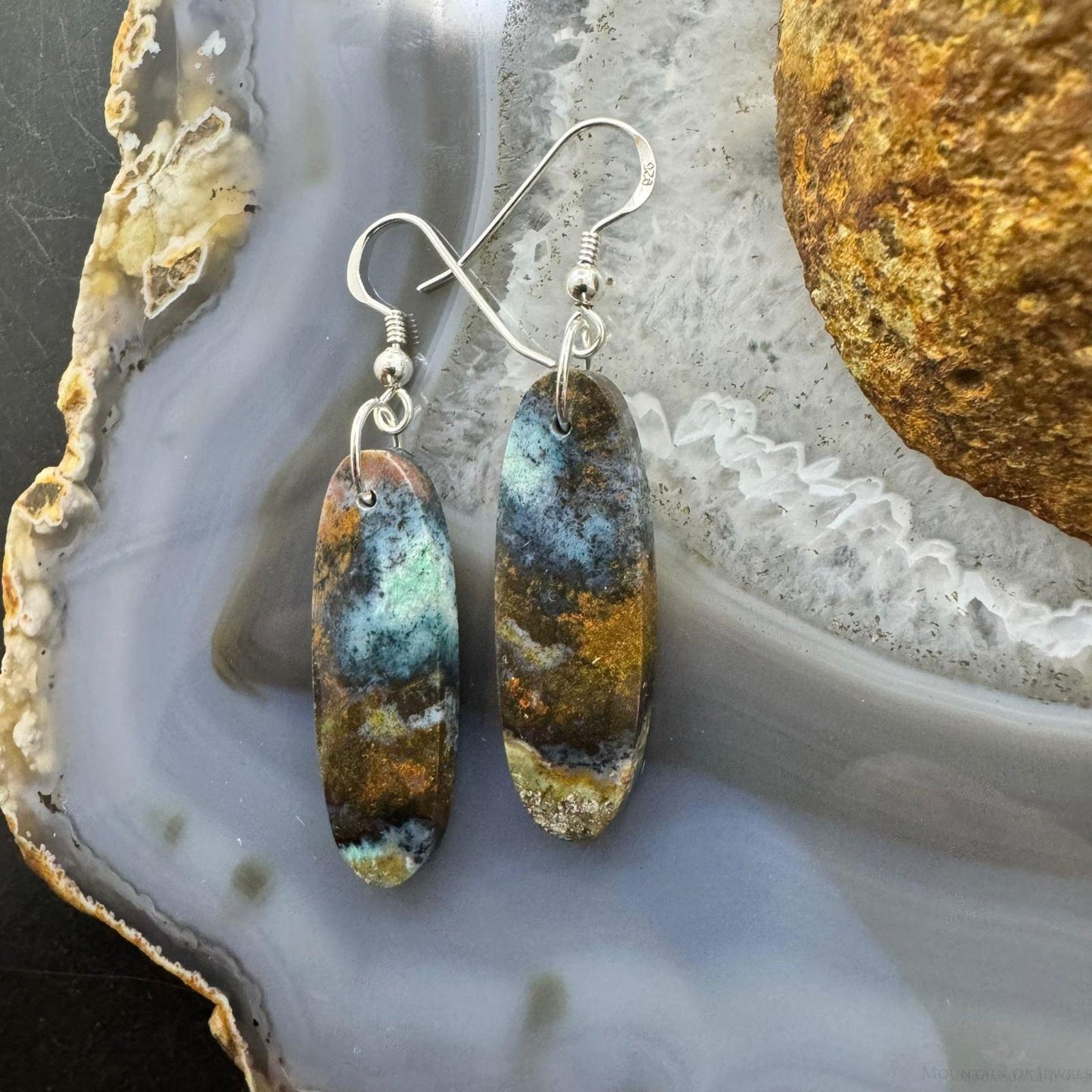 Sterling Silver Elongated Oval Chrysocolla Slab Dangle Earrings For Women #354