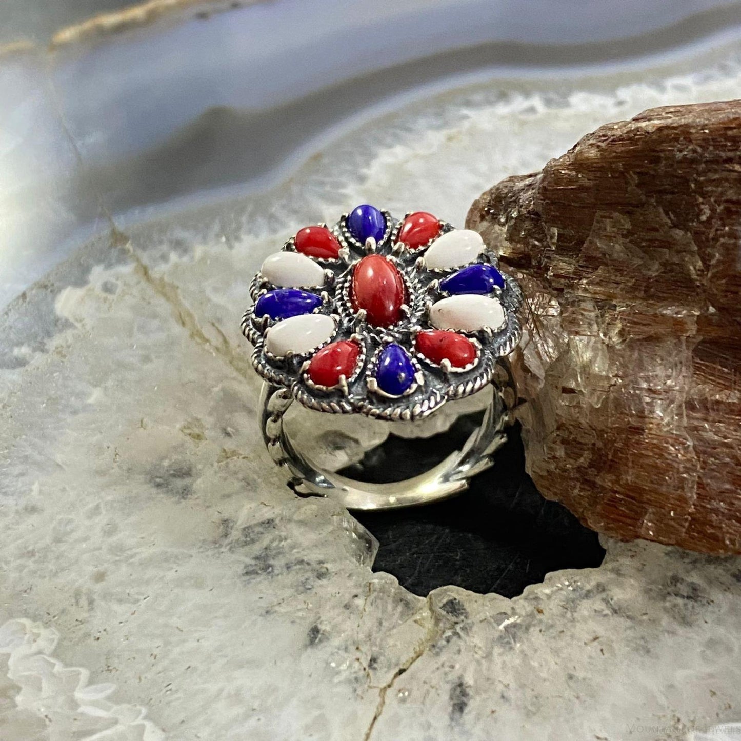 Carolyn Pollack Southwestern Style Sterling Silver Red Coral, White Agate, Lapis Cluster Ring For Women