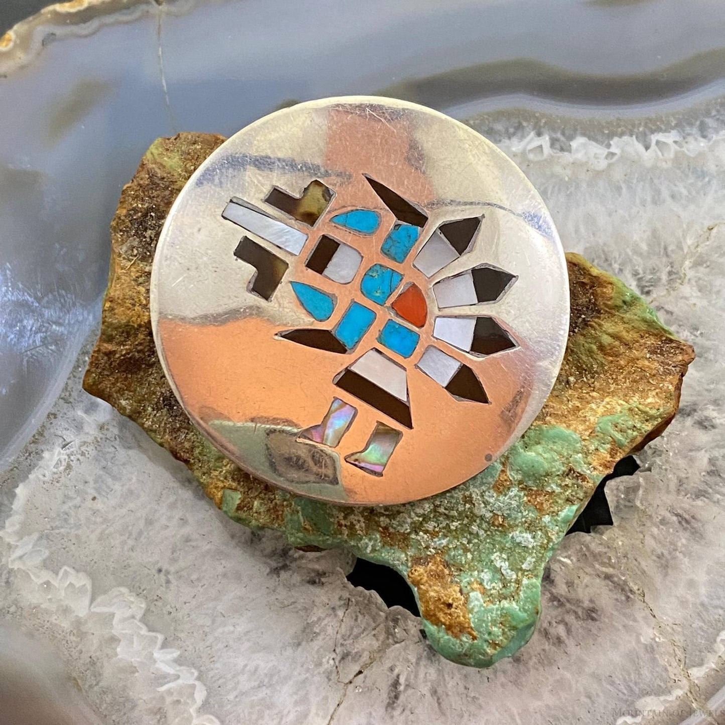 Vintage Native American Silver Inlay Dancing Kachina Unisex Brooch